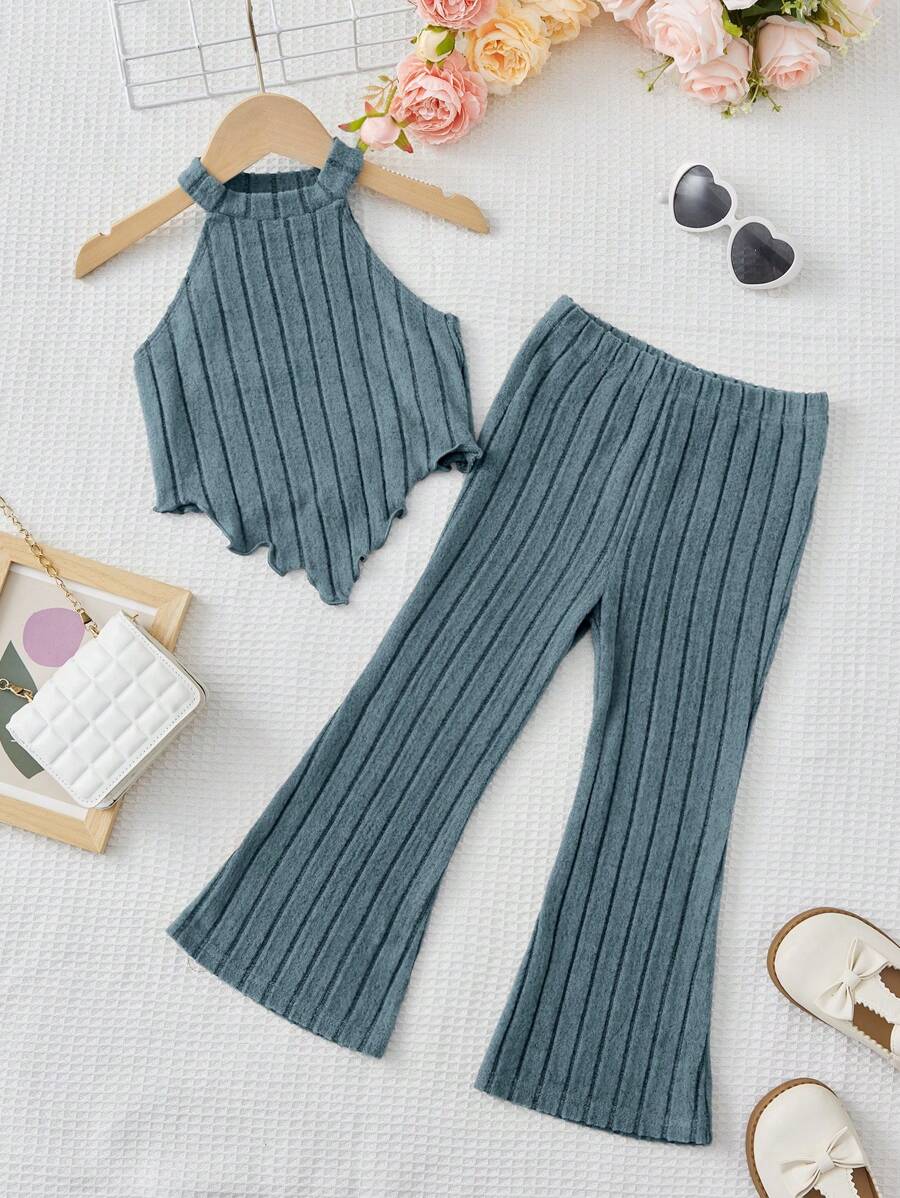 بنت طفل مقلم نمط نبات الخس لباس علوي رسن & بنطلون بساق واسع