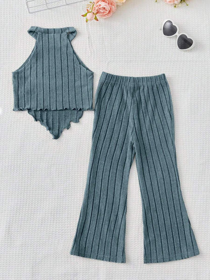 بنت طفل مقلم نمط نبات الخس لباس علوي رسن & بنطلون بساق واسع