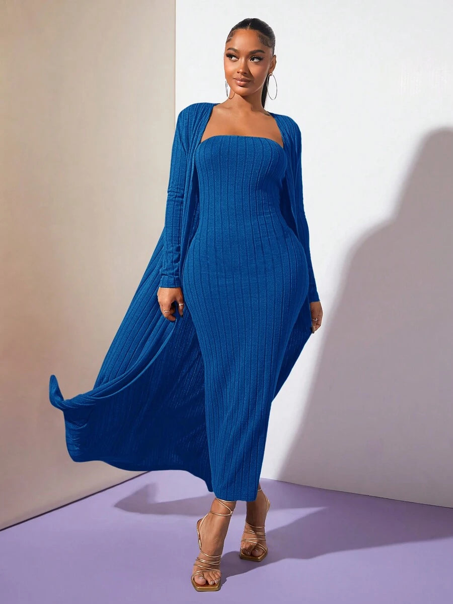 معطف موحدة اللون مفتوح امامي قطعة واحدة بدون فستان