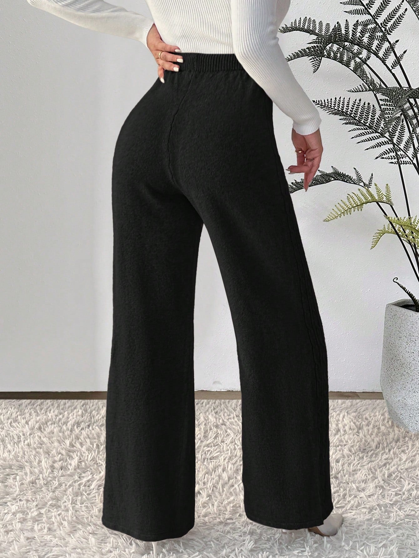 بنطلون رباط خصر ساق عريضة حياكة