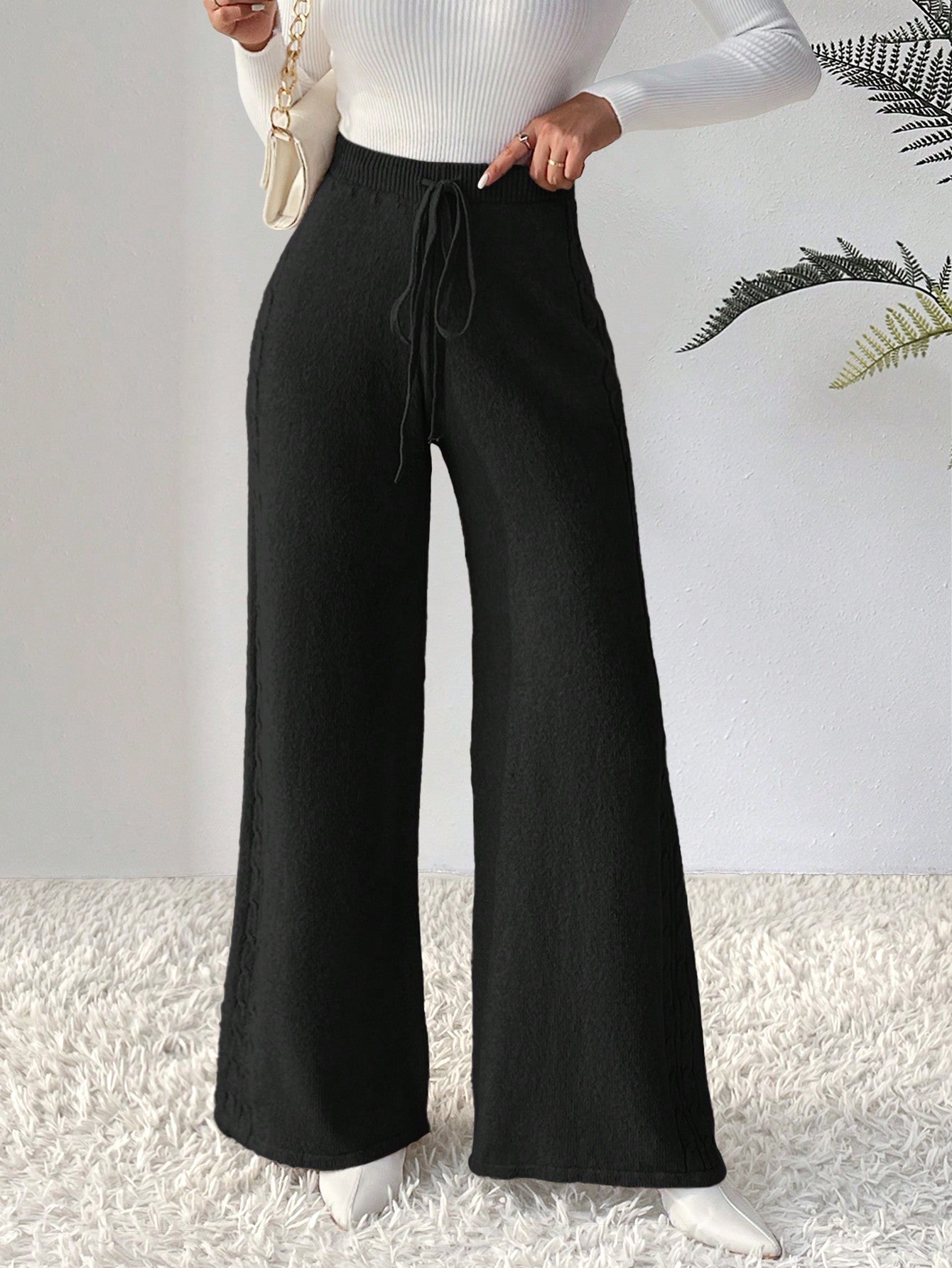 بنطلون رباط خصر ساق عريضة حياكة