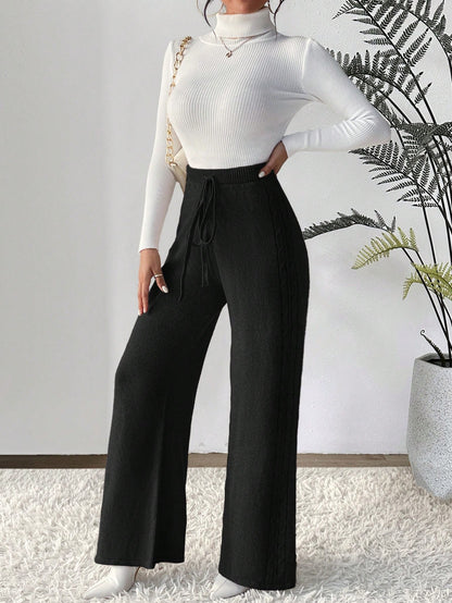 بنطلون رباط خصر ساق عريضة حياكة