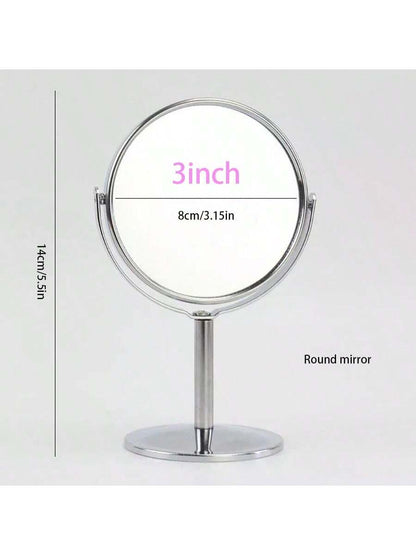مرآة ماكياج مكتبية معدنية ذات وجهين ، 3 بوصات، دائرية أو بيضوية، مرآة تجميل محمولة، مرآة بتكبير 1:2، مرآة دوارة بزاوية 360 درجة