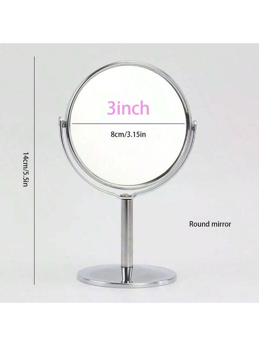 مرآة ماكياج مكتبية معدنية ذات وجهين ، 3 بوصات، دائرية أو بيضوية، مرآة تجميل محمولة، مرآة بتكبير 1:2، مرآة دوارة بزاوية 360 درجة