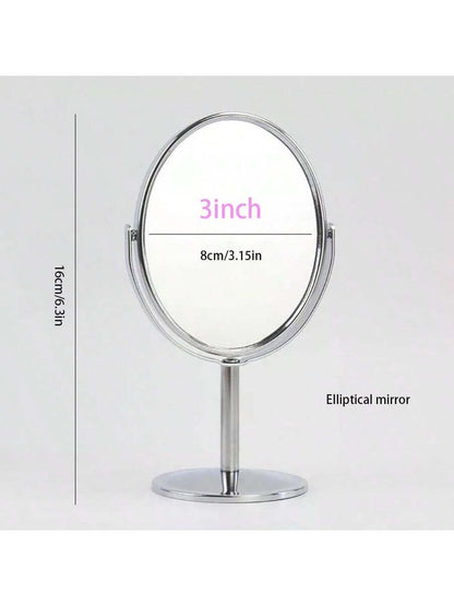 مرآة ماكياج مكتبية معدنية ذات وجهين ، 3 بوصات، دائرية أو بيضوية، مرآة تجميل محمولة، مرآة بتكبير 1:2، مرآة دوارة بزاوية 360 درجة