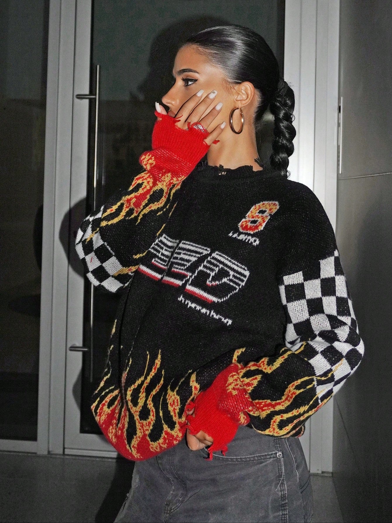 كنزة صوفية نسائية للخريف والربيع فيربور بطبعة نيران وأحرف كتف منخفضة