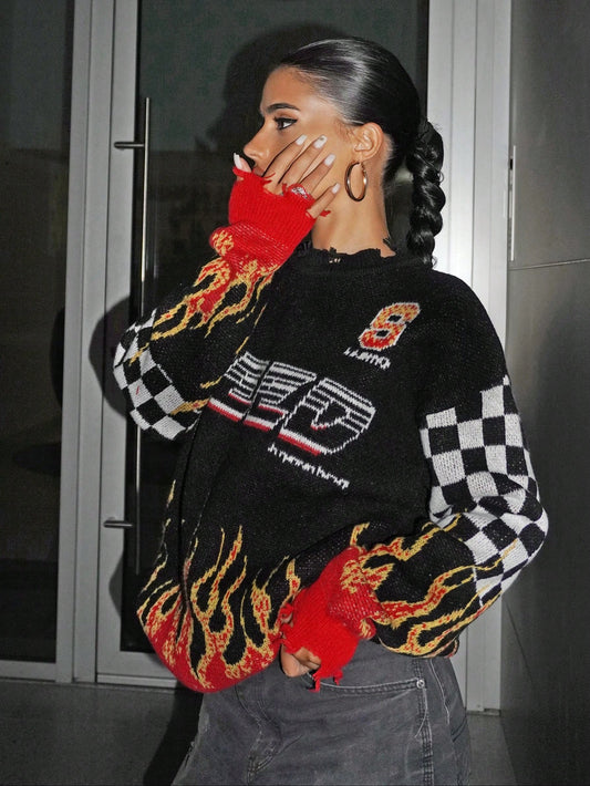 كنزة صوفية نسائية للخريف والربيع فيربور بطبعة نيران وأحرف كتف منخفضة