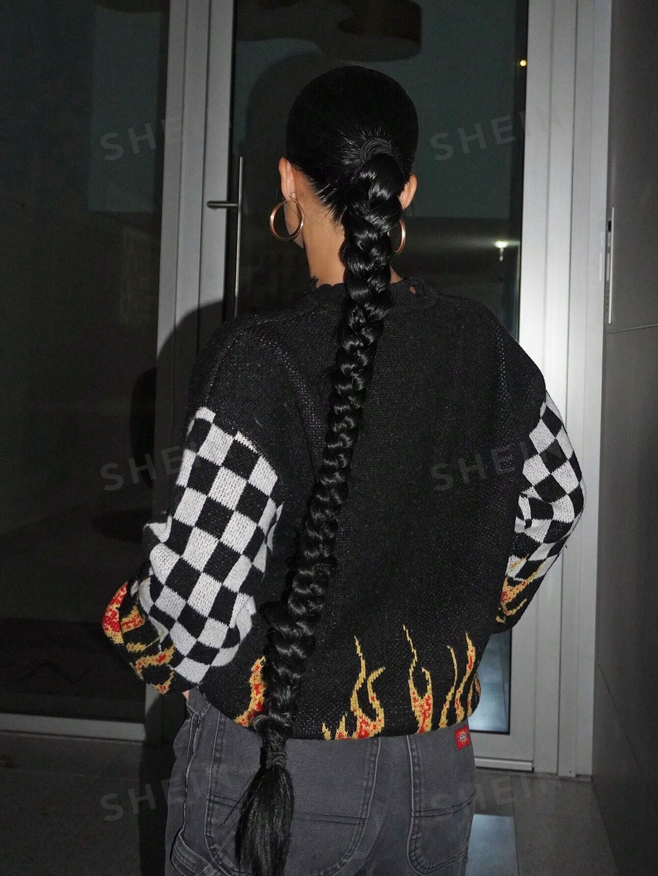 كنزة صوفية نسائية للخريف والربيع فيربور بطبعة نيران وأحرف كتف منخفضة