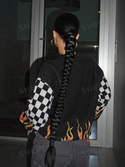 كنزة صوفية نسائية للخريف والربيع فيربور بطبعة نيران وأحرف كتف منخفضة