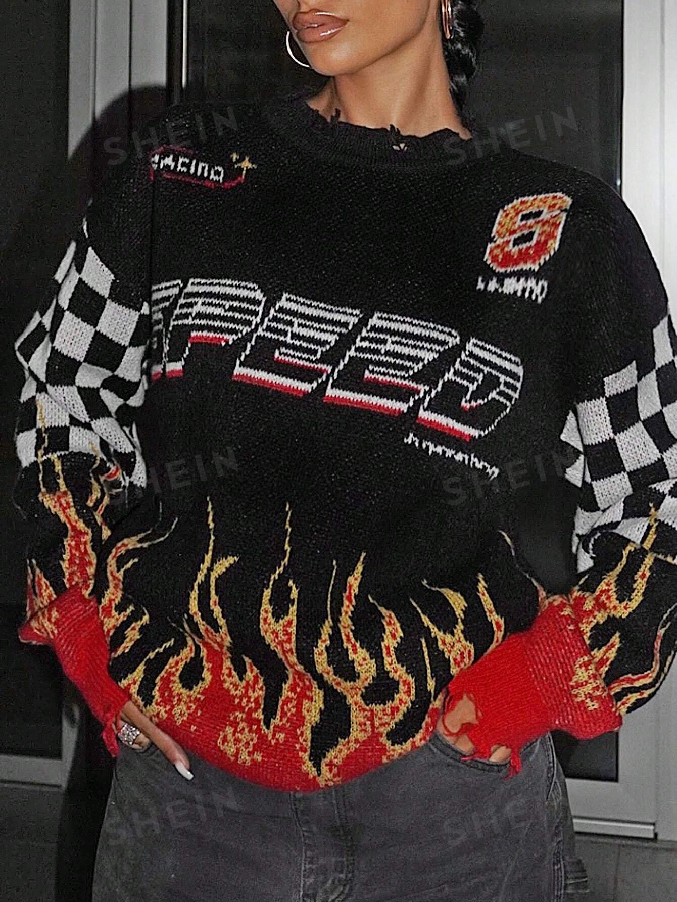 كنزة صوفية نسائية للخريف والربيع فيربور بطبعة نيران وأحرف كتف منخفضة