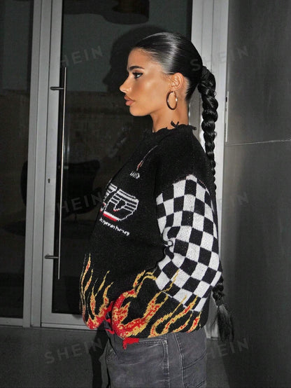 كنزة صوفية نسائية للخريف والربيع فيربور بطبعة نيران وأحرف كتف منخفضة