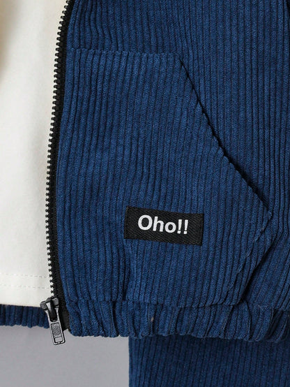 جاكيت تفاصيل مرقع بعبارة بطباعة تيدي قبعة مع بنطلون بدون تي شيرت للاولاد الاطفال