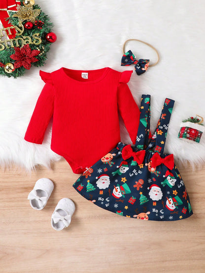 بدلة قطعة واحدة للفتيات الصغيرات ذات حواف مكشكشة وتنورة بحمالات أمامية بفيونكة مطبوعة لعيد الميلاد وعصابة رأس