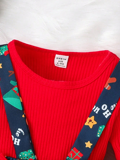 بدلة قطعة واحدة للفتيات الصغيرات ذات حواف مكشكشة وتنورة بحمالات أمامية بفيونكة مطبوعة لعيد الميلاد وعصابة رأس