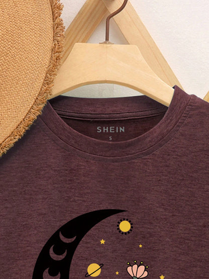 تي شيرت قمر & طباعة الأزهار