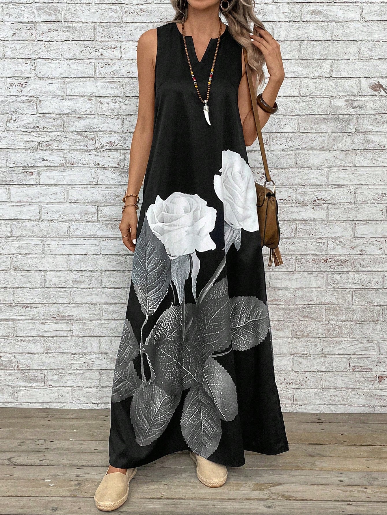 فستان طباعة الأزهار خط عنق مفتوح جيب مخفي