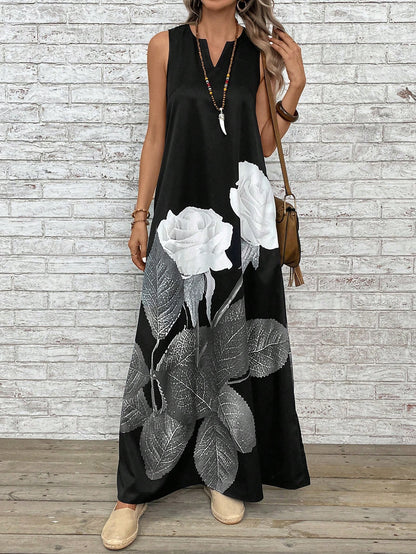 فستان طباعة الأزهار خط عنق مفتوح جيب مخفي