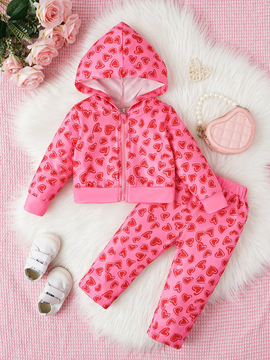 جاكيت بطباعة قلب سستة قبعة مع بنطلون للبنات الاطفال