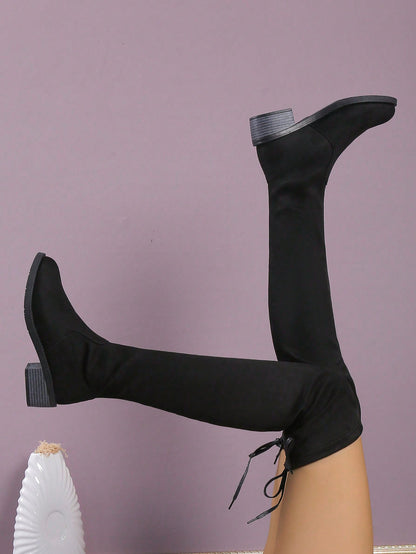 الأحذية فوق الركبة للنساء موضة جديدة خريف/شتاء، كعب سميك نحيف، بوت طويلة دافئة مرنة، بوت فستان قياسات كبيرة ذات بُعد عالي مسطح