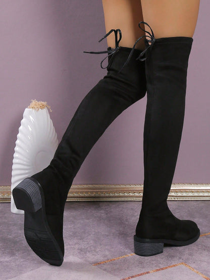 الأحذية فوق الركبة للنساء موضة جديدة خريف/شتاء، كعب سميك نحيف، بوت طويلة دافئة مرنة، بوت فستان قياسات كبيرة ذات بُعد عالي مسطح