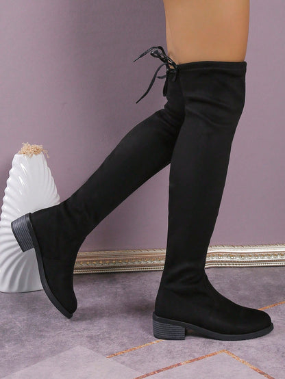 الأحذية فوق الركبة للنساء موضة جديدة خريف/شتاء، كعب سميك نحيف، بوت طويلة دافئة مرنة، بوت فستان قياسات كبيرة ذات بُعد عالي مسطح