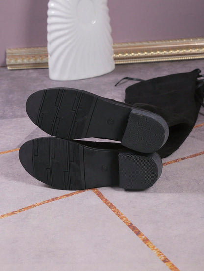 الأحذية فوق الركبة للنساء موضة جديدة خريف/شتاء، كعب سميك نحيف، بوت طويلة دافئة مرنة، بوت فستان قياسات كبيرة ذات بُعد عالي مسطح