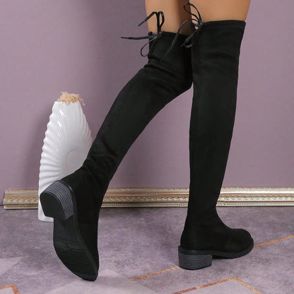 الأحذية فوق الركبة للنساء موضة جديدة خريف/شتاء، كعب سميك نحيف، بوت طويلة دافئة مرنة، بوت فستان قياسات كبيرة ذات بُعد عالي مسطح