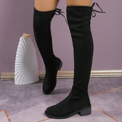 الأحذية فوق الركبة للنساء موضة جديدة خريف/شتاء، كعب سميك نحيف، بوت طويلة دافئة مرنة، بوت فستان قياسات كبيرة ذات بُعد عالي مسطح