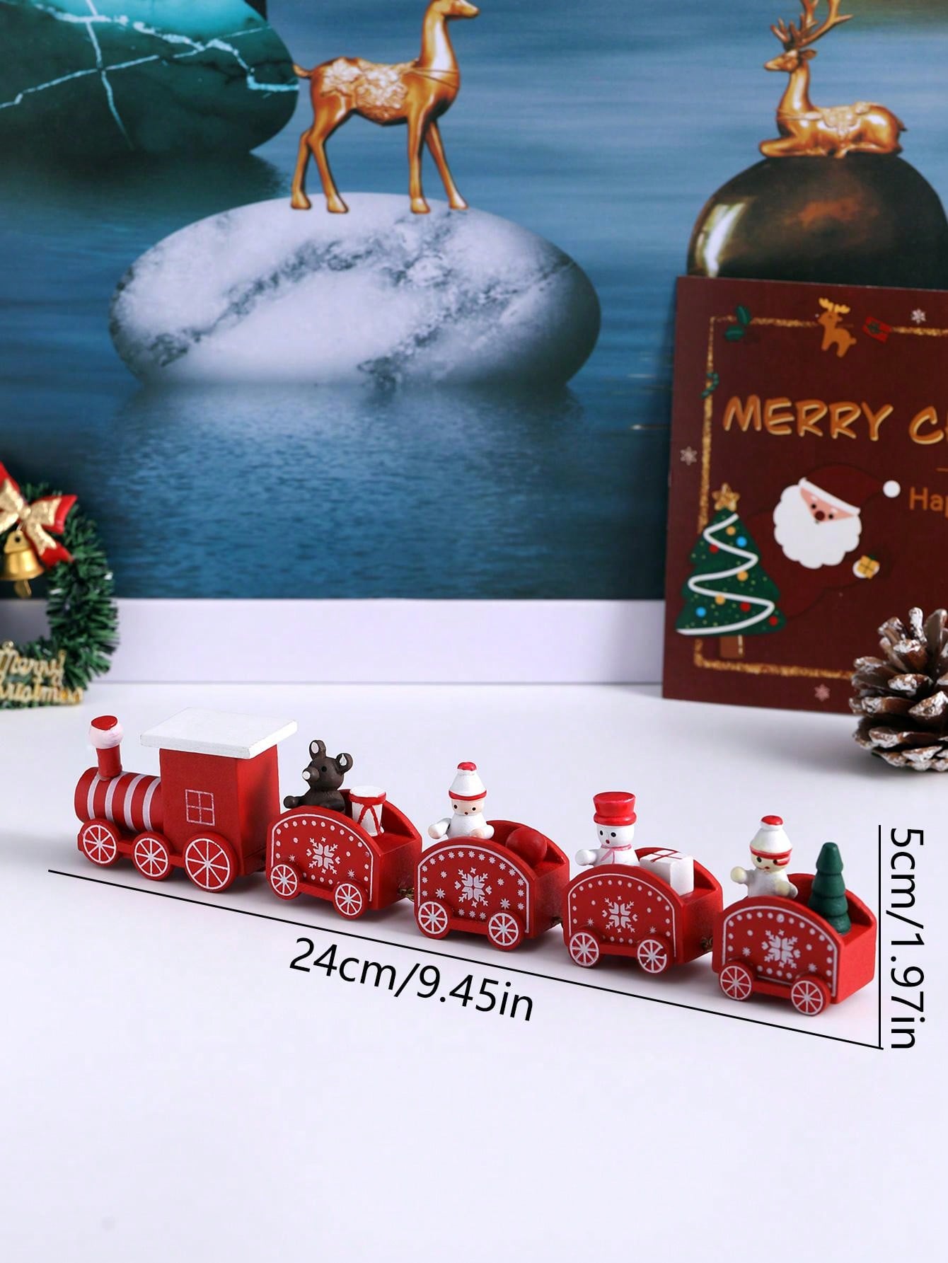 قطعة واحدة من هدية عيد الميلاد الإبداعية، زينة زينة قطار عيد الميلاد الصغيرة الخشبية الحمراء المكونة من خمسة أقسام، علبة هدية