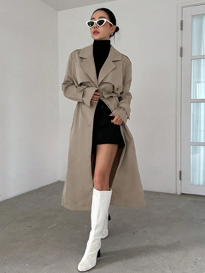 معطف ترنش طويل أحادي اللون، كاجوال للأعمال