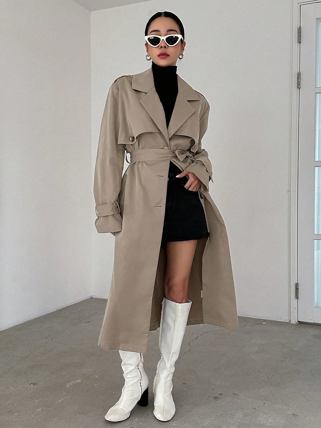 معطف ترنش طويل أحادي اللون، كاجوال للأعمال