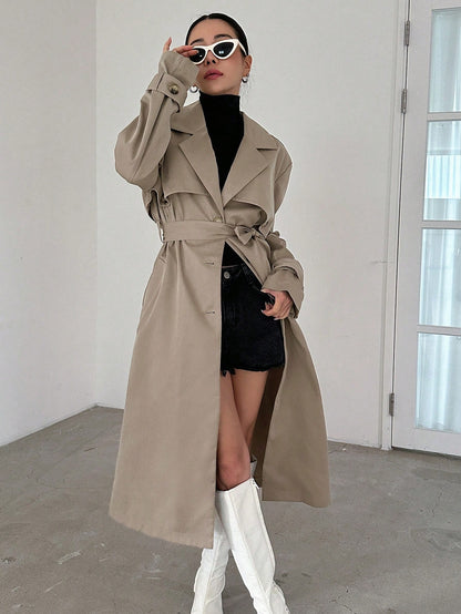 معطف ترنش طويل أحادي اللون، كاجوال للأعمال