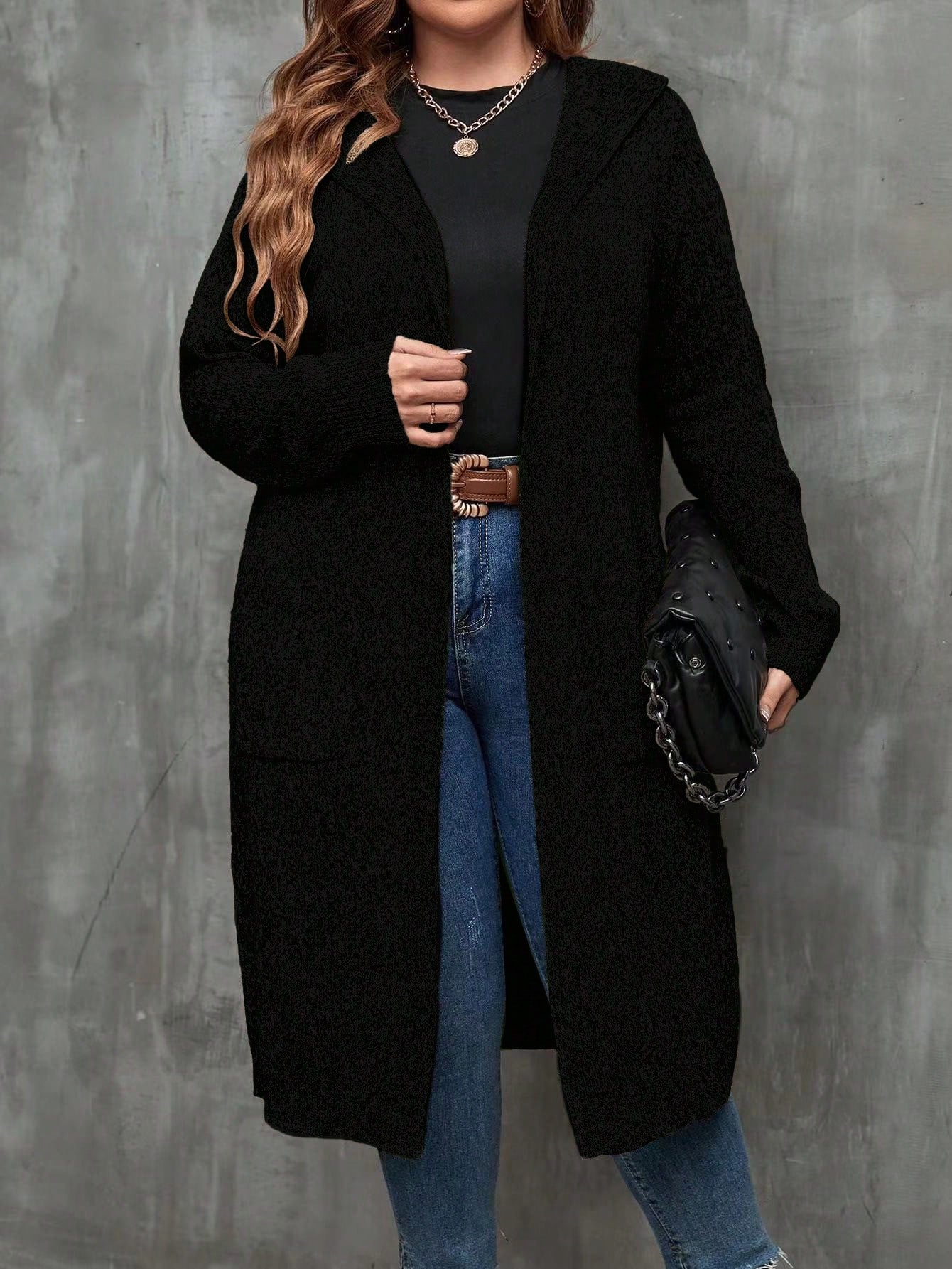 كارديجان جيب مزدوج قبعة مفتوح امامي مقاس كبير