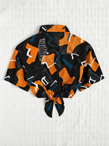 قميص مقصوص ربطة أمامية بطبعة جرافيك لفصل الصيف
