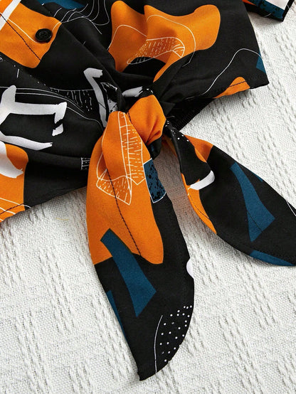 قميص مقصوص ربطة أمامية بطبعة جرافيك لفصل الصيف