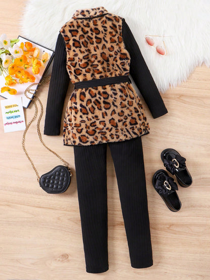 بنت طفل طباعة الفهد حزام معطف & تي شيرت وطماق