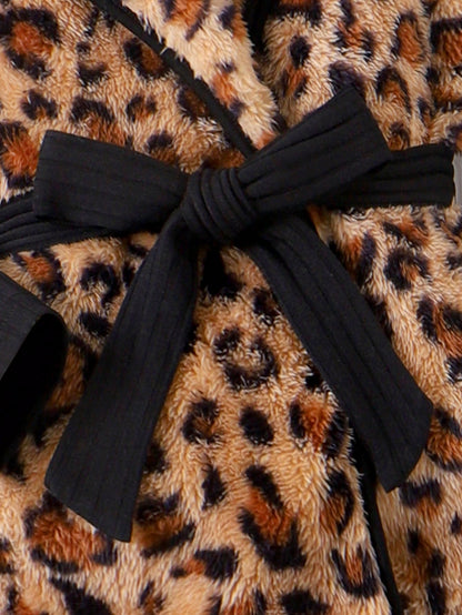 بنت طفل طباعة الفهد حزام معطف & تي شيرت وطماق