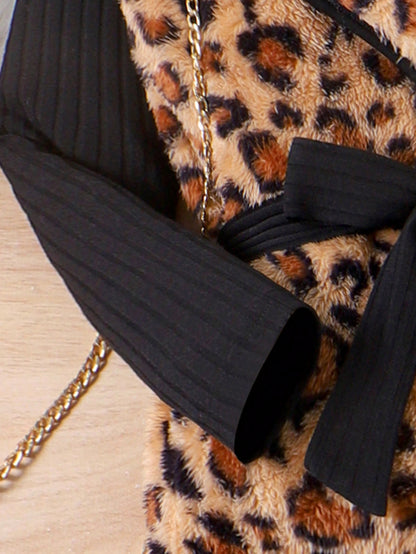 بنت طفل طباعة الفهد حزام معطف & تي شيرت وطماق