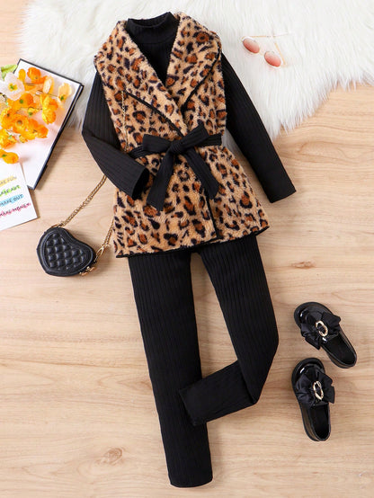 بنت طفل طباعة الفهد حزام معطف & تي شيرت وطماق