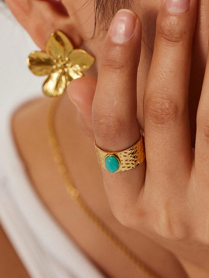 خاتم نسائي 18قيراط مطلي بالذهب الأصفر، عرض واسع وحجر شخصية يومية، حجم قابل للتعديل