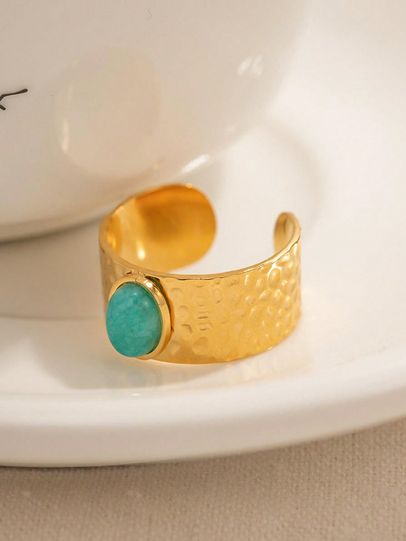 خاتم نسائي 18قيراط مطلي بالذهب الأصفر، عرض واسع وحجر شخصية يومية، حجم قابل للتعديل