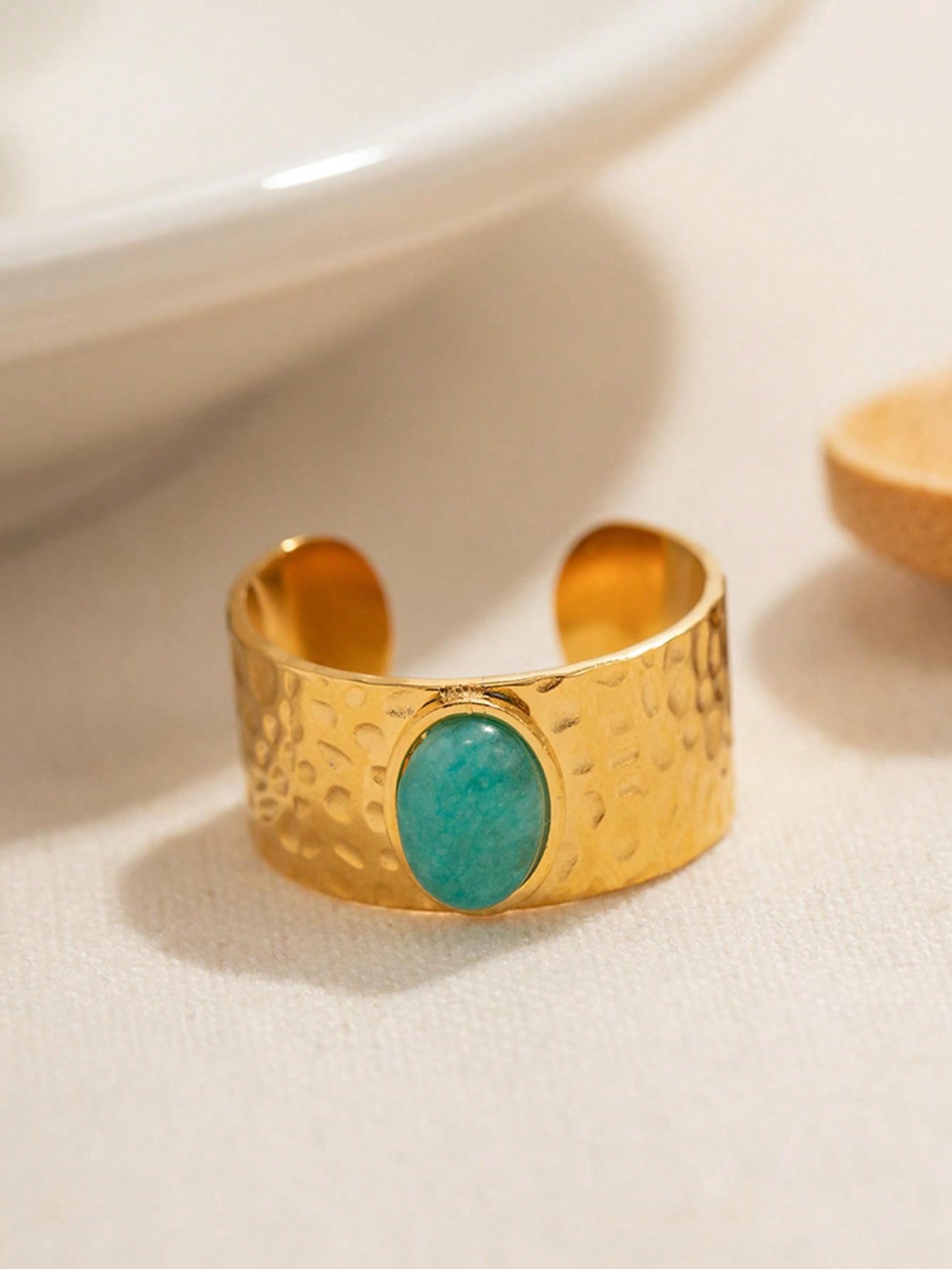 خاتم نسائي 18قيراط مطلي بالذهب الأصفر، عرض واسع وحجر شخصية يومية، حجم قابل للتعديل