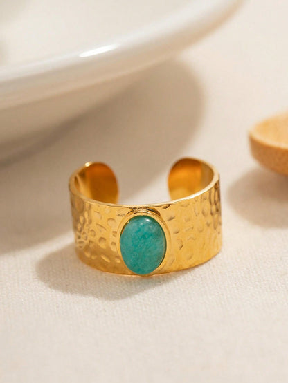 خاتم نسائي 18قيراط مطلي بالذهب الأصفر، عرض واسع وحجر شخصية يومية، حجم قابل للتعديل