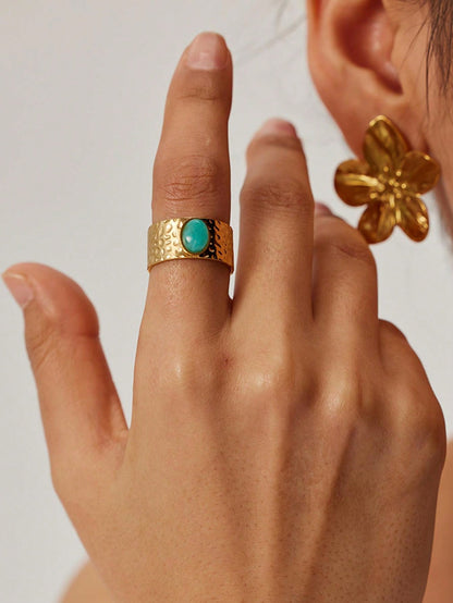 خاتم نسائي 18قيراط مطلي بالذهب الأصفر، عرض واسع وحجر شخصية يومية، حجم قابل للتعديل