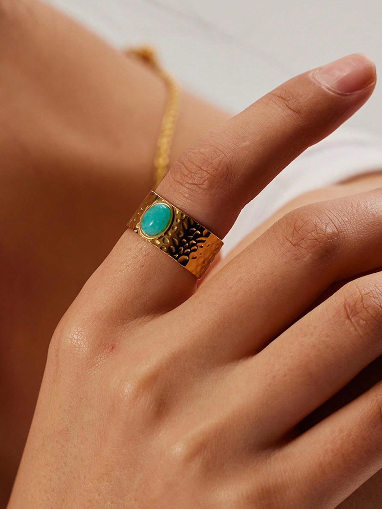 خاتم نسائي 18قيراط مطلي بالذهب الأصفر، عرض واسع وحجر شخصية يومية، حجم قابل للتعديل