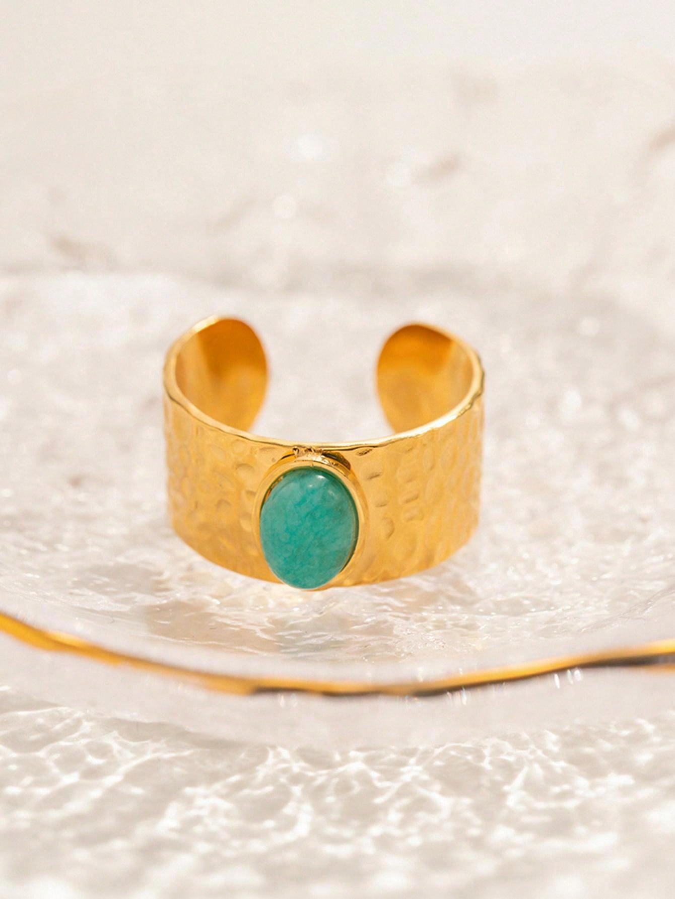 خاتم نسائي 18قيراط مطلي بالذهب الأصفر، عرض واسع وحجر شخصية يومية، حجم قابل للتعديل