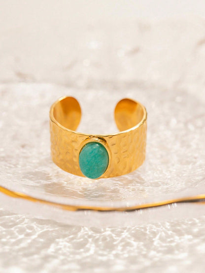 خاتم نسائي 18قيراط مطلي بالذهب الأصفر، عرض واسع وحجر شخصية يومية، حجم قابل للتعديل