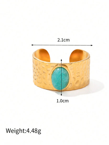 خاتم نسائي 18قيراط مطلي بالذهب الأصفر، عرض واسع وحجر شخصية يومية، حجم قابل للتعديل