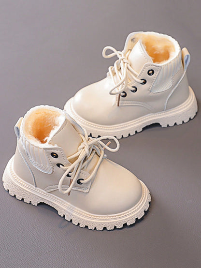 جزمة أطفال دراجة نارية عالية مدورة الأصبع, خريف وشتاء, لون صلب, مبطنة بالفرو السميكة للأولاد والبنات, جزمة قصيرة مسطحة وعصرية مصنوعة من الجلد الصناعي المريح والمتعدد الاستخدامات