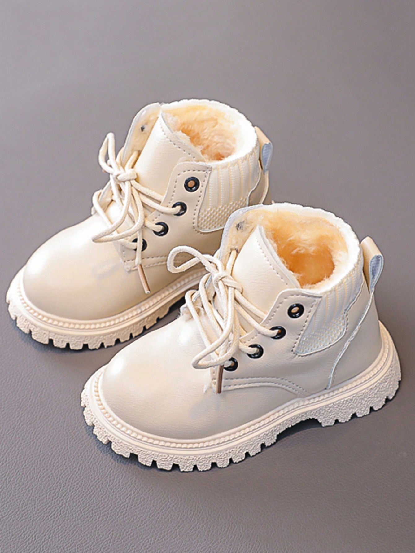 جزمة أطفال دراجة نارية عالية مدورة الأصبع, خريف وشتاء, لون صلب, مبطنة بالفرو السميكة للأولاد والبنات, جزمة قصيرة مسطحة وعصرية مصنوعة من الجلد الصناعي المريح والمتعدد الاستخدامات